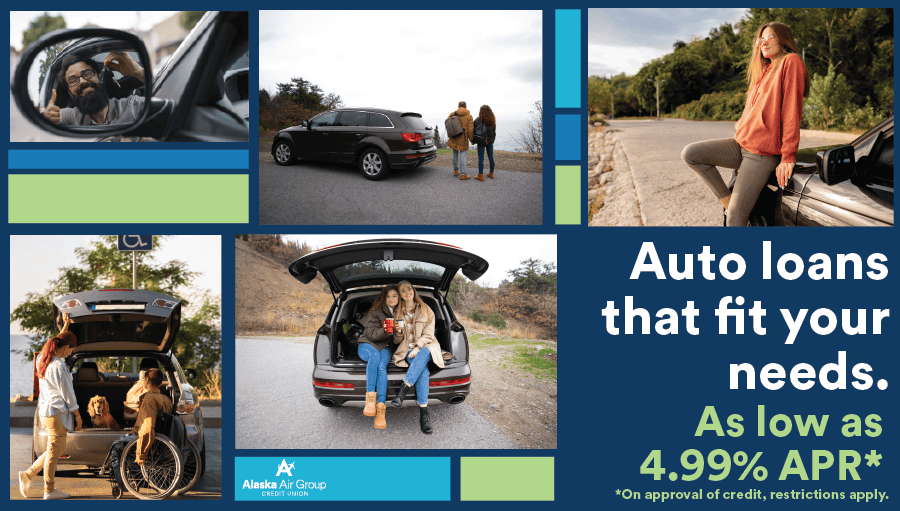 A collage of images showing people and their cars doing different activities - road trip, leaning against their car and enjoying a vista, purchasing a new car, etc., Text reads "Auto loans that fit your needs. As low as 4.99% APR* *On approval of credit, restrictions apply." 