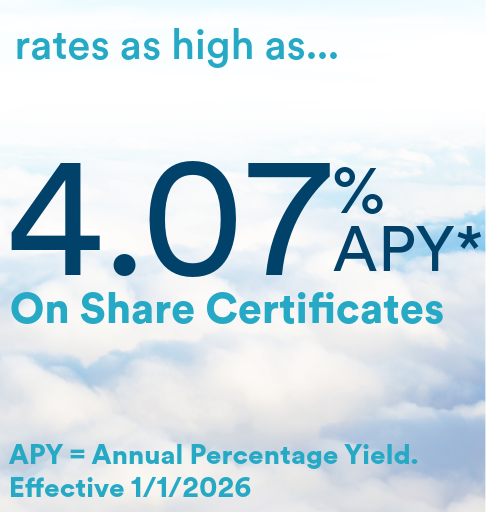 Website Rate Squares-2 Rates as high as...<br />
4.00% APY Dividend on share certificates.<br />
APY = Annual Percentage Yield. Effective 1/18/2023