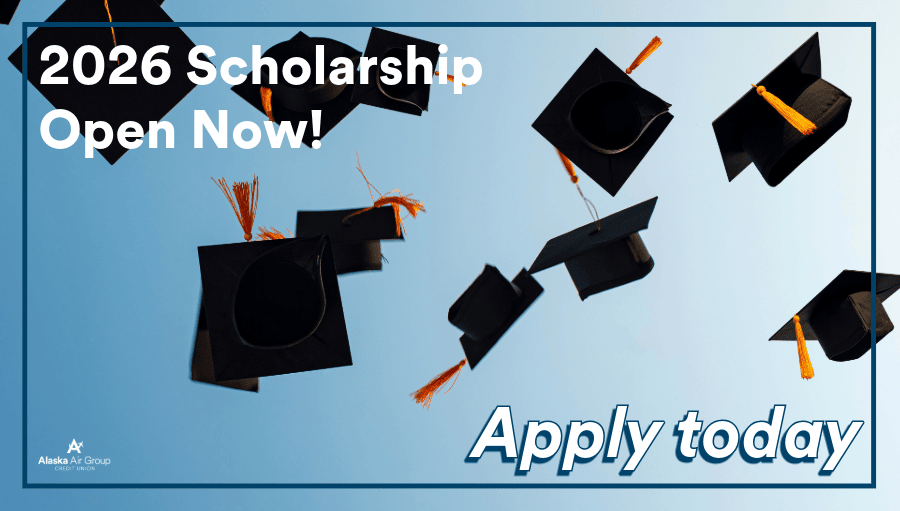 Image of graduation caps in the air. Overlaid text reads "2026 Scholarship Open Now! Apply today."