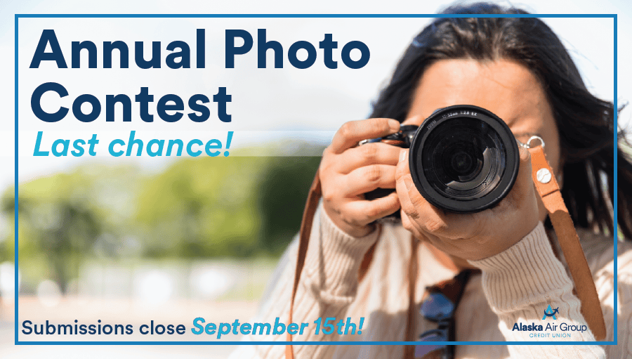 Woman looks through a camera lens. Overlaid text reads "Annual Photo Contest Last Chance! Submissions close September 15th"